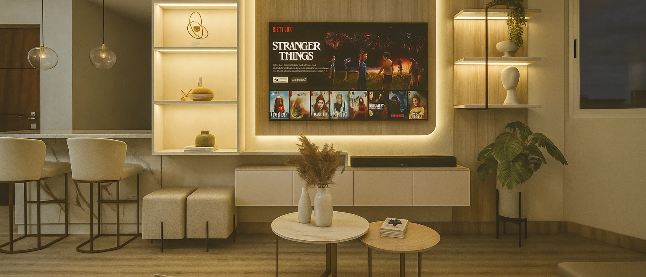 Sala comedor con mueble de TV diseñada por Dacor Luna
